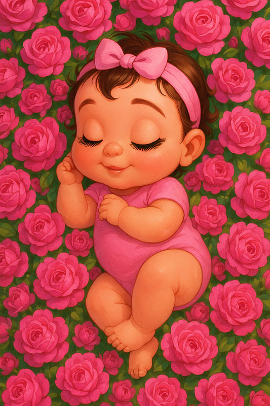 تصویرسازی نوزاد خوابیده روی گل های محمدی